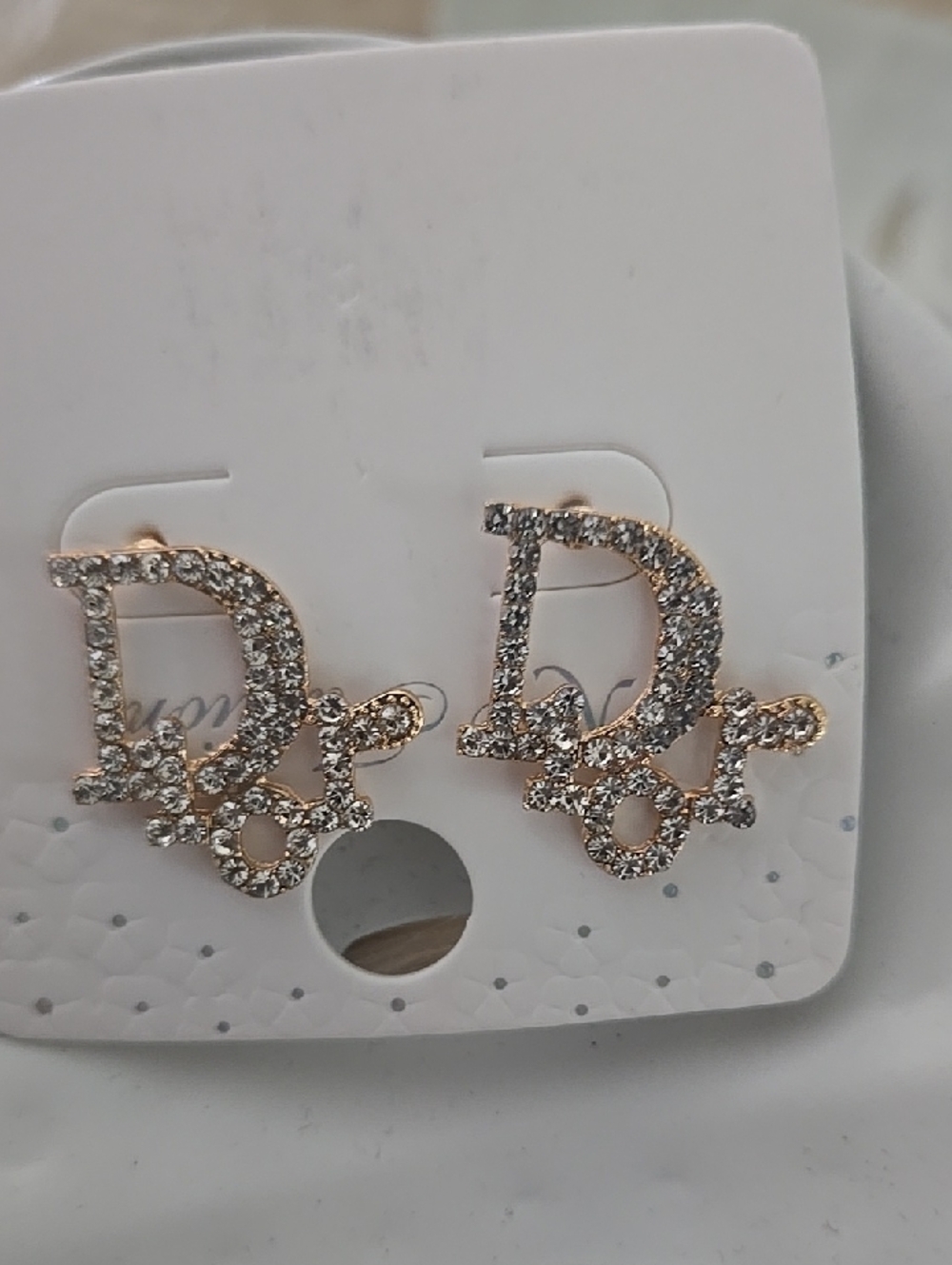 Rhinestone 'D' Initial Pearl Accent Stud Earrings -  Gold toned